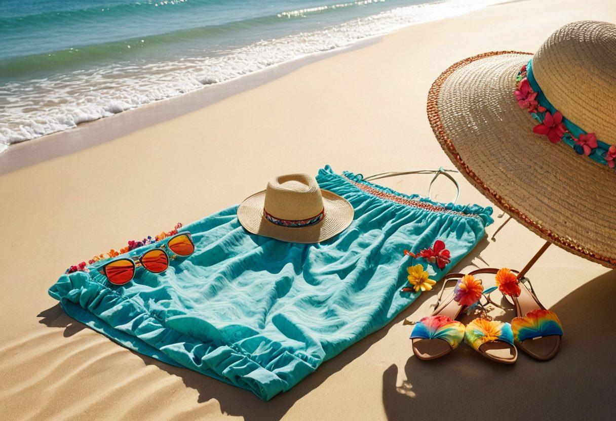 A stylish beach scene featuring a vibrant umbrella and a chic beach bag filled with colorful accessories like sunglasses, a wide-brimmed hat, and layered necklaces, all set against a backdrop of golden sand and turquoise water. A fashionable woman in a trendy bikini poses confidently, showcasing the perfect beach look. The sunlight glistens off a nearby surfboard, creating a lively summer vibe. super-realistic. vibrant colors. beach setting.
