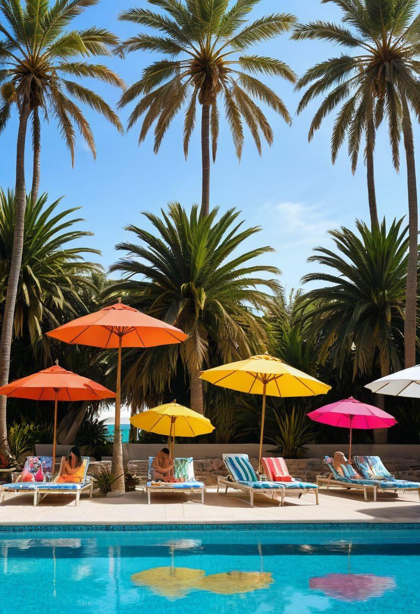 A vibrant collage depicting a sunny sandy beach on one side with people in stylish swimwear enjoying the sun, and a classy poolside scene on the other, featuring elegant loungers and palm trees. Include colorful swimwear designs showcased on mannequins and relaxed models sipping drinks. The scene should evoke a sense of luxury and summer fun. bright colors. high-resolution. tropical vibes.